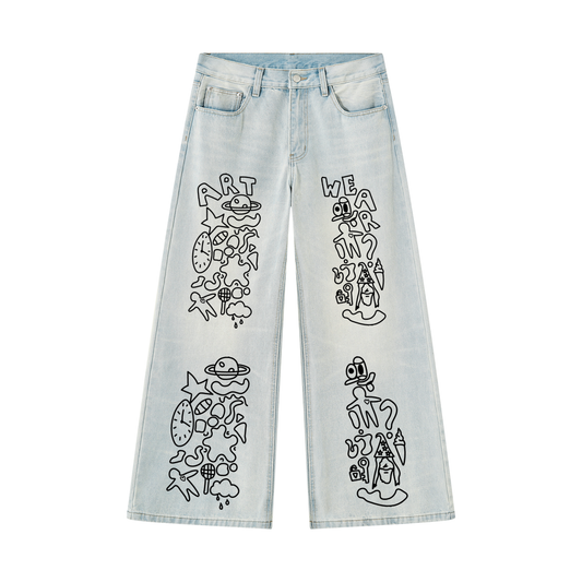 Doodle Drop Men's Vintage Wash Wide Leg Denim Jeans