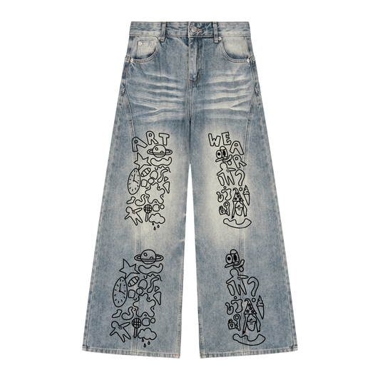 Doodle Drop Women’s Vintage Wash Wide Leg Denim Jeans
